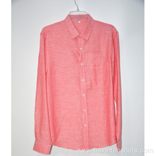 Short Sleeves Collar Pink Fabric Linen Shirt